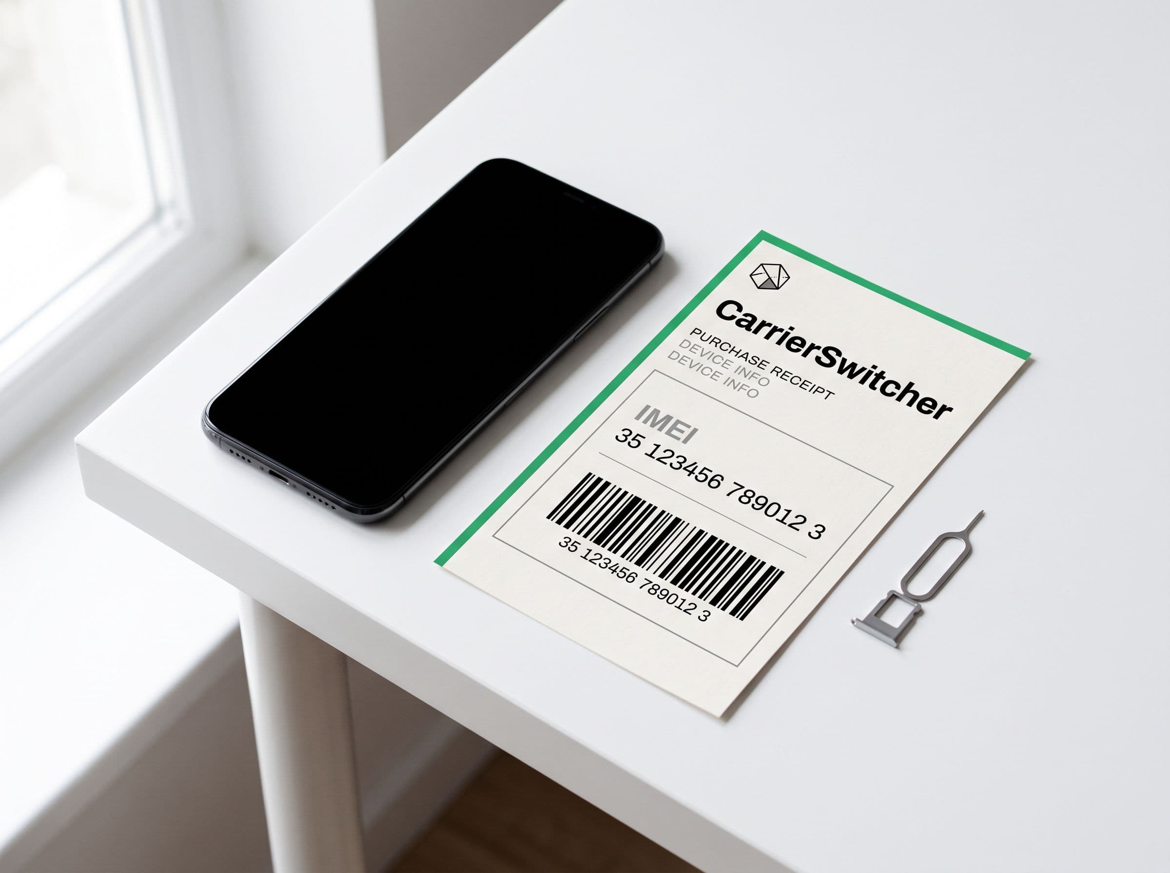 Smartphone beside a purchase receipt with IMEI and a SIM tray on a paper white desk
